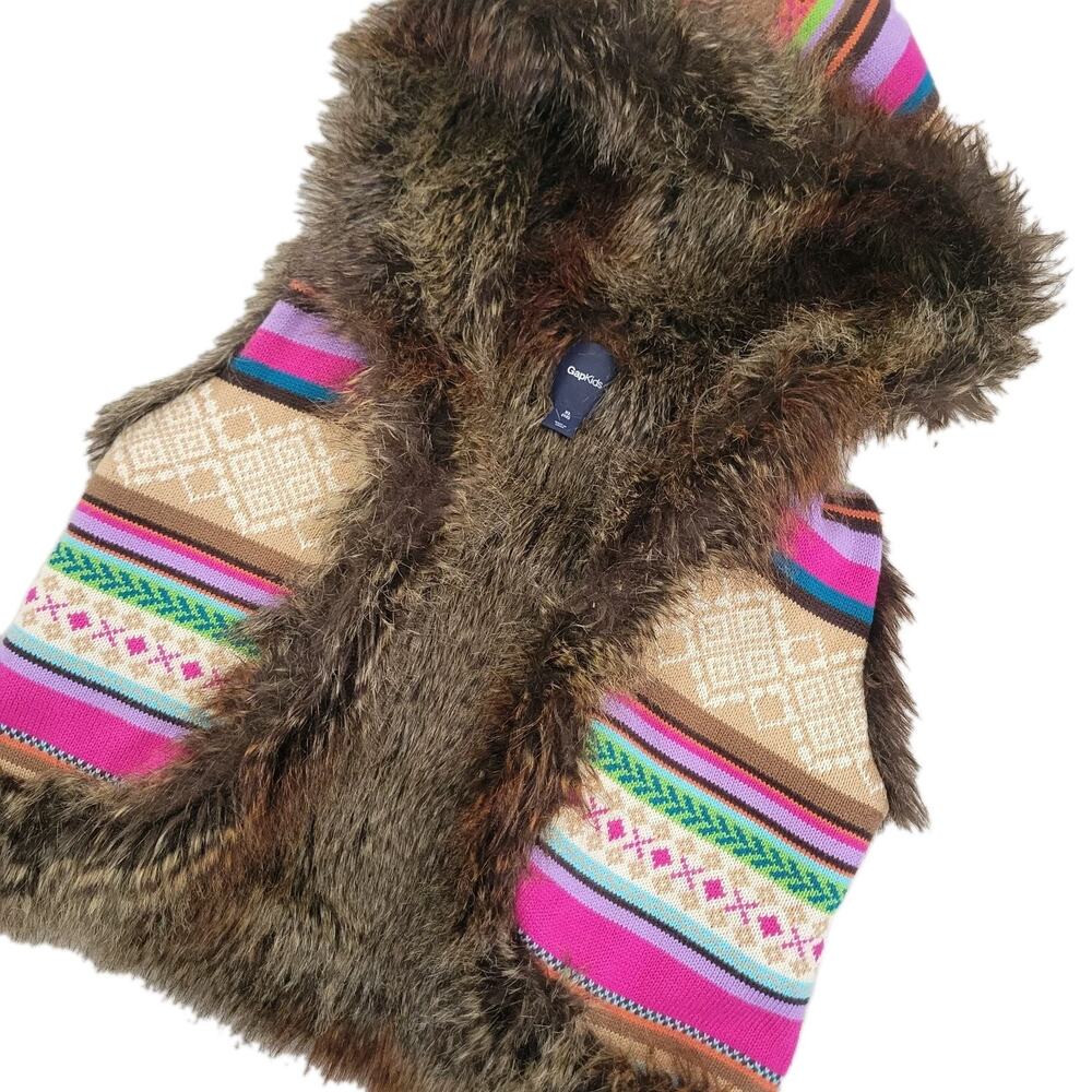 Gap Kids XL 12 Multi Color Knit sweater Vest Fux Fur lining hoodie Tribal Aztec